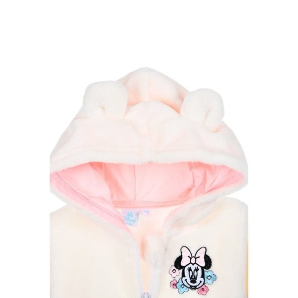 Chaqueta de bebé con capucha de Minnie Mouse en color rosa y blanco.