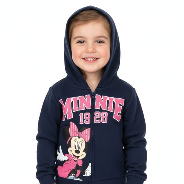 Niña con sudadera Minnie Mouse de color azul oscuro y capucha.
