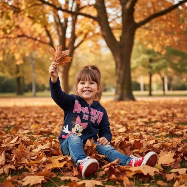 Niña feliz en parque con hojas de otoño en manos y rodeada de hojas caídas.