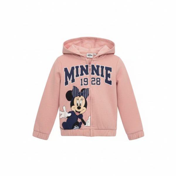 Sudadera rosa con diseño de Minnie Mouse y texto Minnie 1928 para niños.