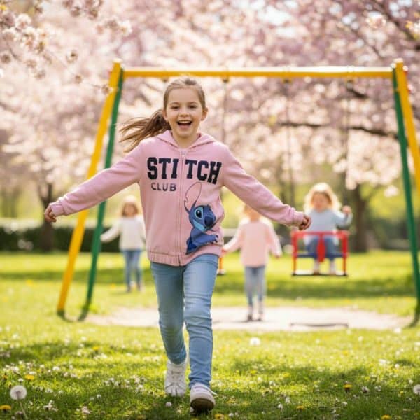 Niña feliz jugando en parque con columpios y árboles en flor en primavera.