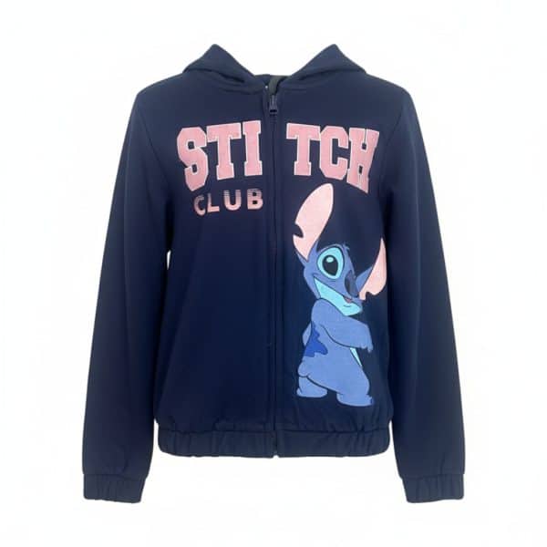 Sudadera azul con diseño de Stitch y texto en rosa para niños.