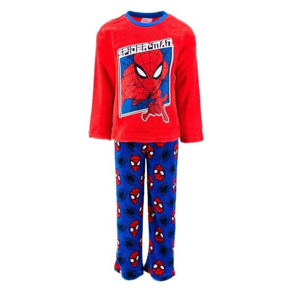 Conjunto de pijama infantil de Spiderman con camiseta roja y pantalones azules con estampado.