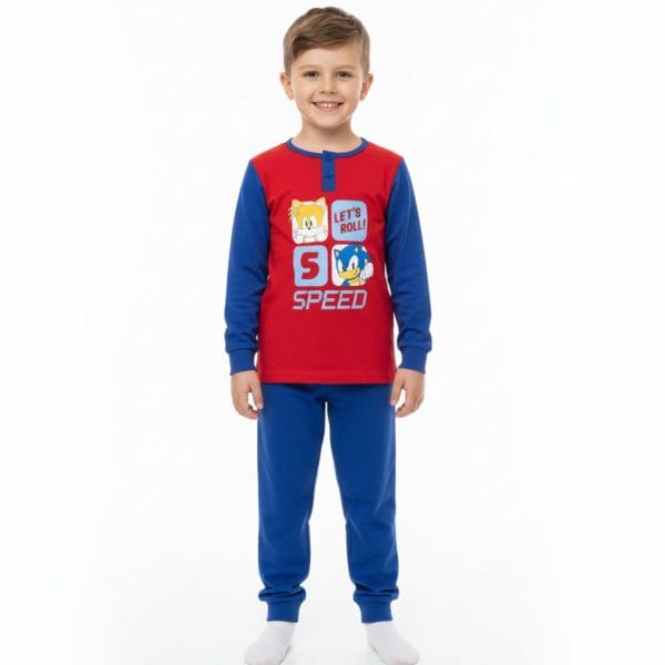 Ropa infantil de Sonic y personajes de dibujos animados en color rojo y azul.