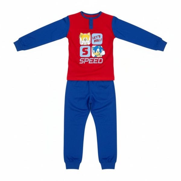 Conjunto de ropa infantil con camiseta roja y pantalones azules con diseño de Sonic.