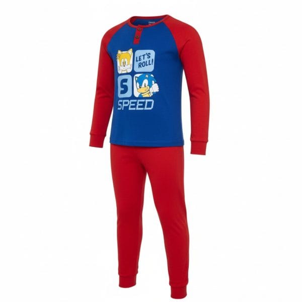 Conjunto de ropa infantil de Sonic con camiseta azul y pantalones rojos.