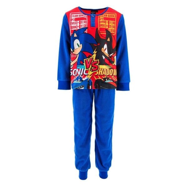 Conjunto de ropa infantil con diseño de Sonic y Shadow en colores azul y rojo.