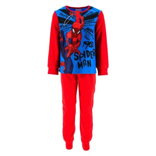 Conjunto de ropa infantil de Spider-Man en rojo y azul con diseño de superhéroe.