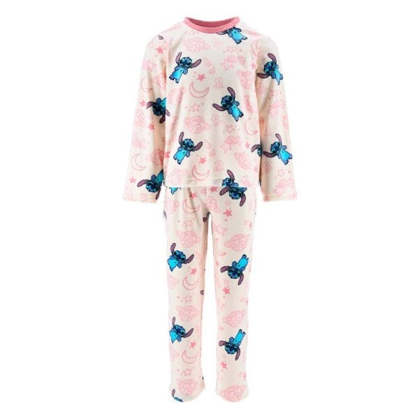 Pijama infantil de algodón con estampado de personajes azules y fondo rosa.