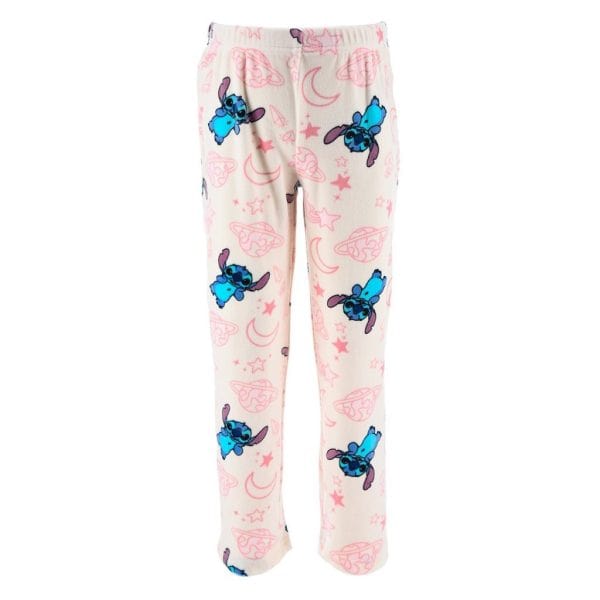 Pantalones de pijama con estampado de personajes azules y motivos espaciales en fondo rosa.