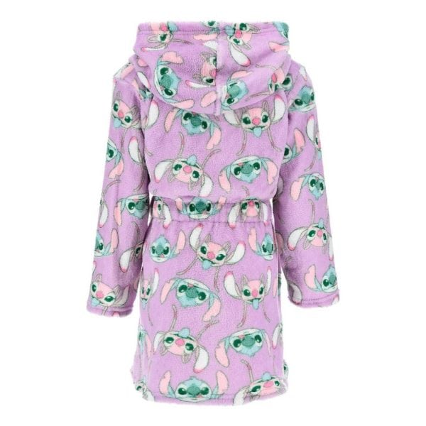 Vestido infantil con capucha y estampado de personajes de dibujos animados en tonos lilas.
