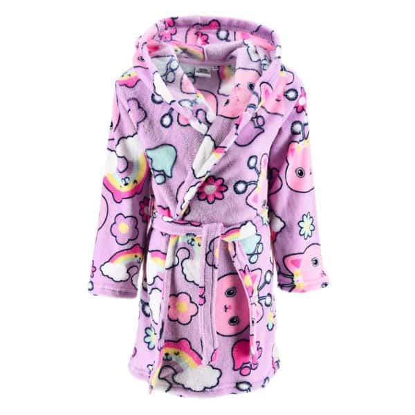 Bata de baño infantil rosa con dibujos de unicornios, arcoíris y nubes.