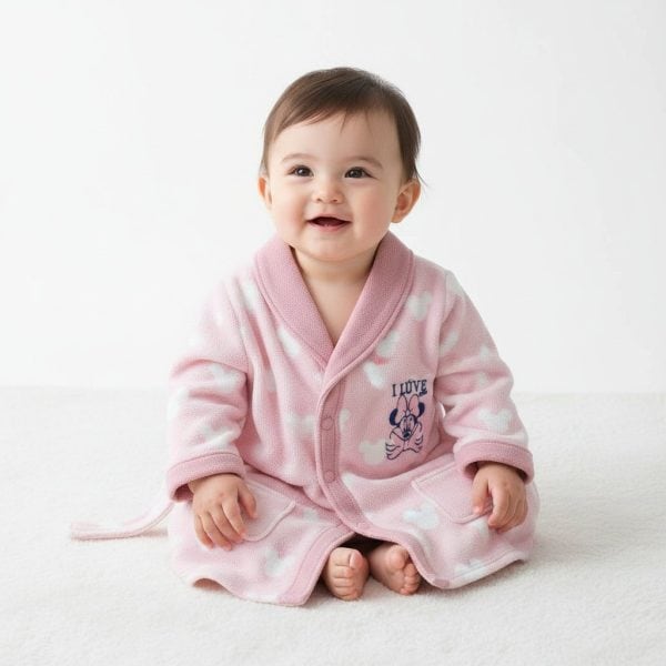Bebé sonriendo con bata rosa con Minnie Mouse y texto I Love en fondo blanco.
