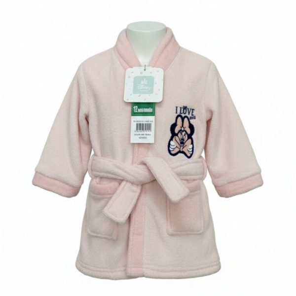 Bata de bebé rosa con lazo y bordado de Mickey Mouse en la parte delantera.