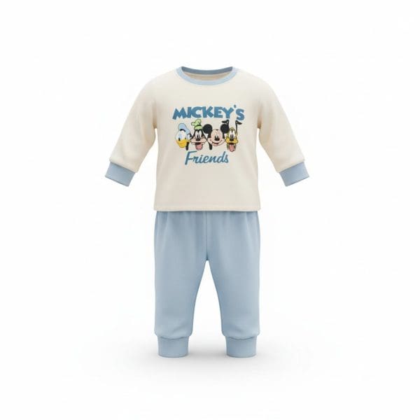 Conjunto de ropa infantil Mickey Mouse en colores azul y blanco.