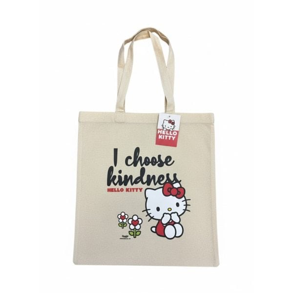 Bolsa de tela con diseño de Hello Kitty y mensaje de amabilidad.