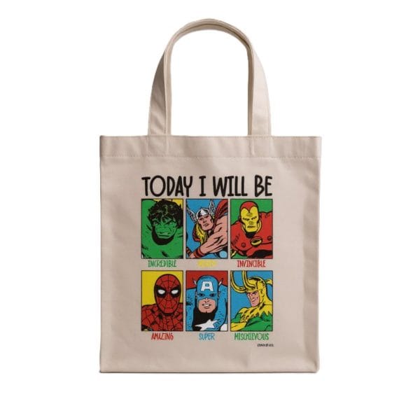 Bolsa de tela con personajes de cómic y mensaje motivador.