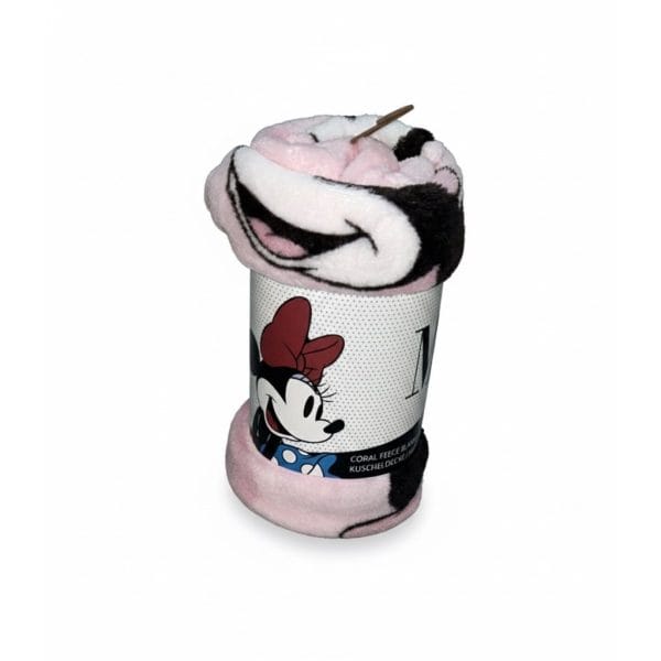 Toalla de playa con diseño de Minnie Mouse en colores rosa, negro y blanco.