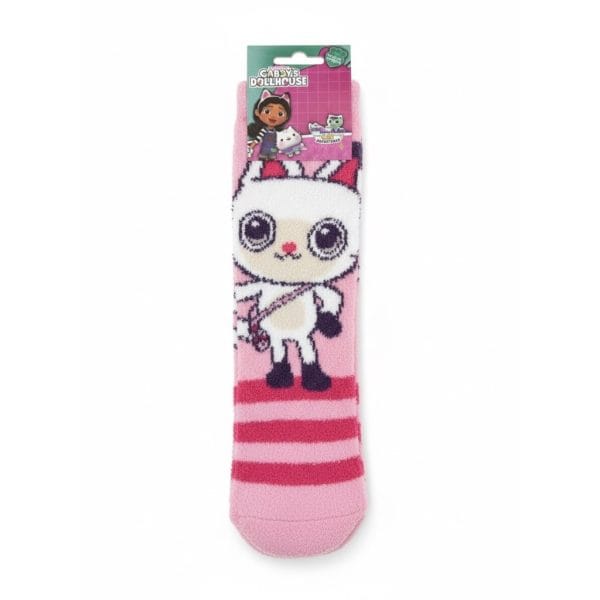 Calcetín infantil de Dora la Exploradora con gato y rayas rosas y blancas.