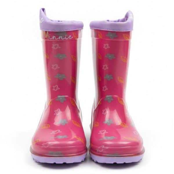 Botas de lluvia infantiles Minnie con diseño rosa y detalles en gris y amarillo.