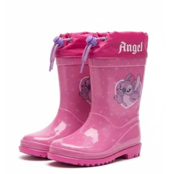 Botas de lluvia rosas con personaje de dibujos animados y nombre Angel.