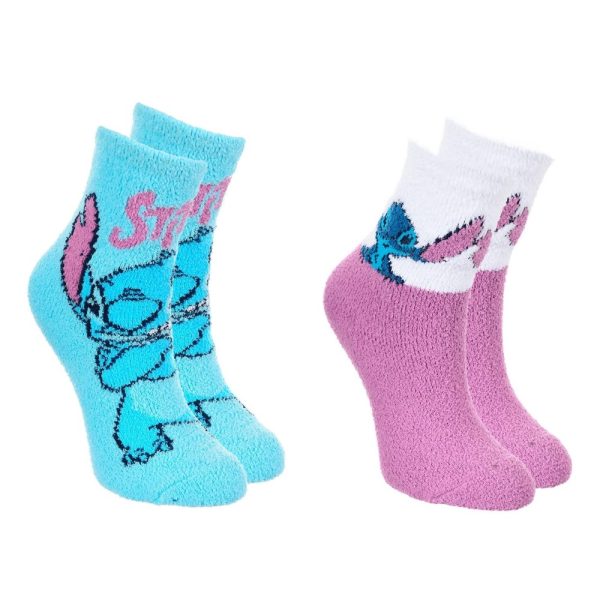 Calcetines infantiles con diseño de personajes de dibujos animados en colores azul y rosa.
