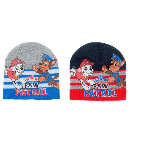 Gorros infantiles de Paw Patrol con personajes de la serie en colores azul y gris.