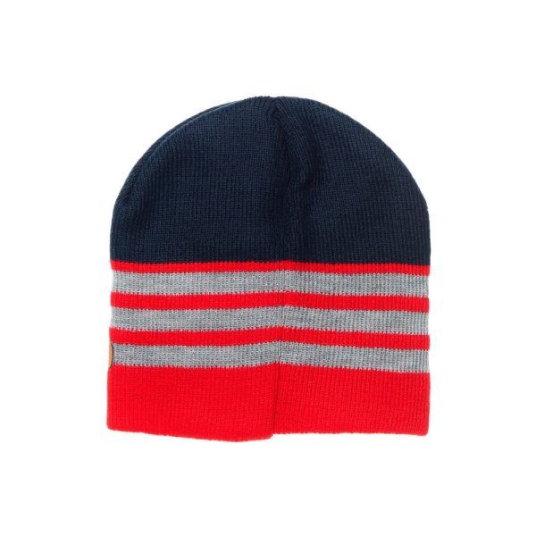 Gorro de lana azul con rayas grises y rojas de Ropa La Giralda.