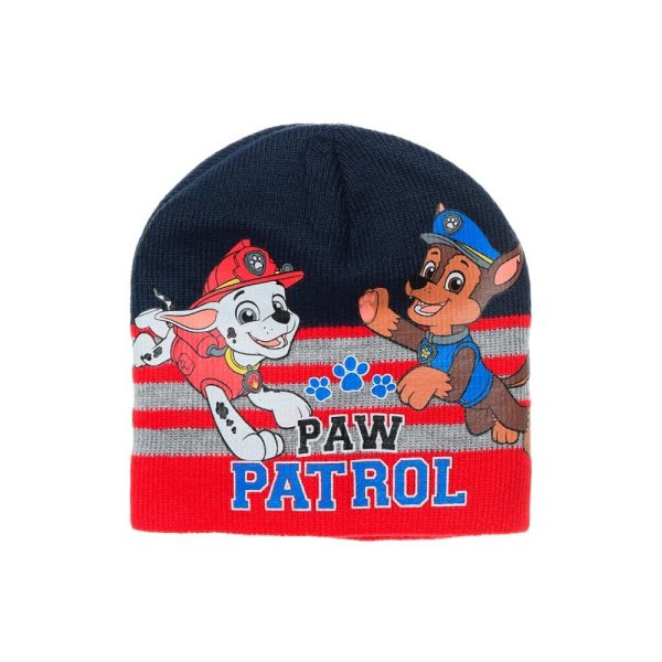 Gorro infantil de Paw Patrol con personajes Chase y Marshall en colores rojo, azul y gris.