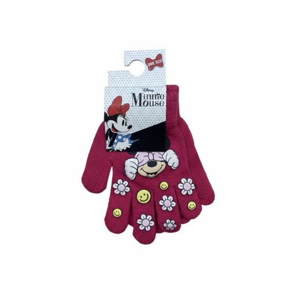 Guantes infantiles de Minnie Mouse en color rosa con dibujos de flores y caras sonrientes.