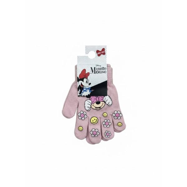 Guantes infantiles de Minnie Mouse con flores y caras sonrientes en color rosa.