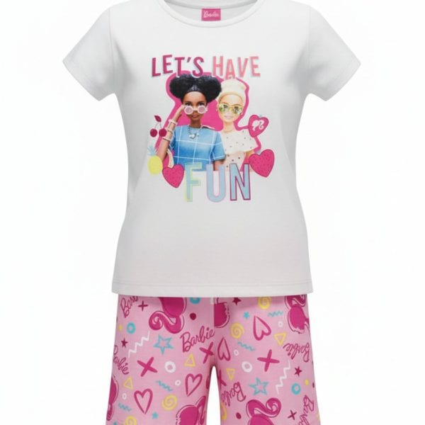 Conjunto infantil de Barbie con camiseta y pantalones con estampados coloridos.