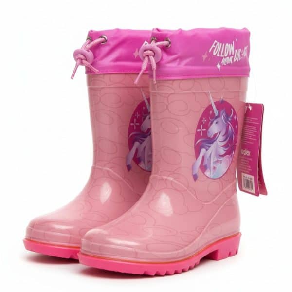 Botas de lluvia rosas con unicornio y cordón ajustable para niños.