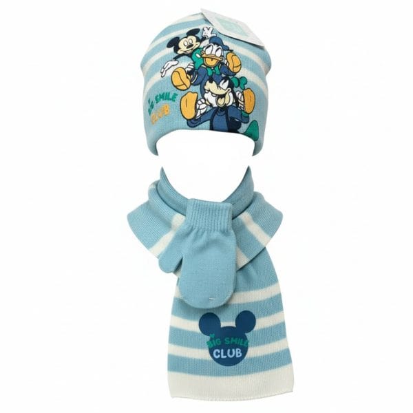 Conjunto infantil de gorro y bufanda con personajes de Disney en azul y blanco.