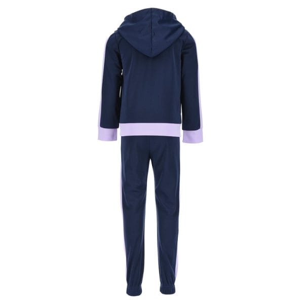 Conjunto deportivo azul con detalles en rosa y capucha para entrenamiento.