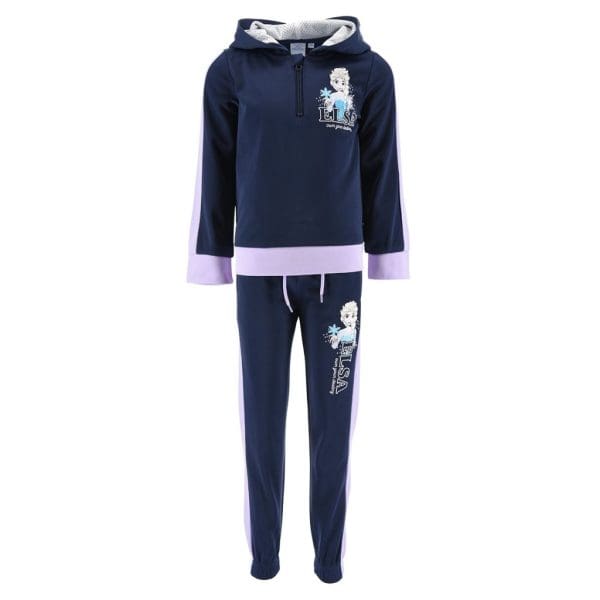 Conjunto deportivo de chándal azul marino con detalles en lila y logo de Ropa La Giralda.