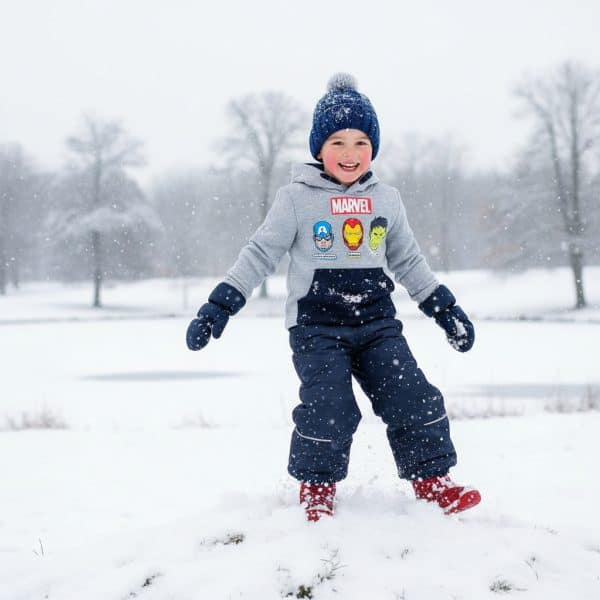 Niño feliz jugando en la nieve con ropa de invierno en un paisaje nevado.