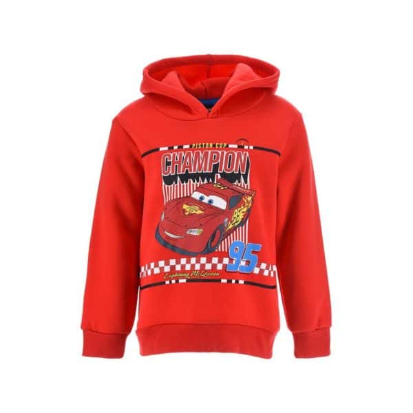 Sudadera infantil roja con diseño de Cars y texto de campeón.