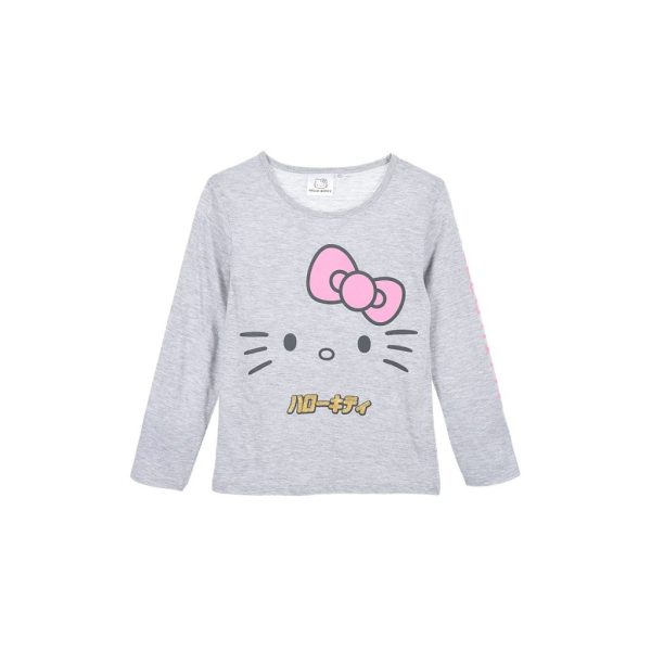 Camiseta gris con diseño de Hello Kitty y lazo rosa para niñas.