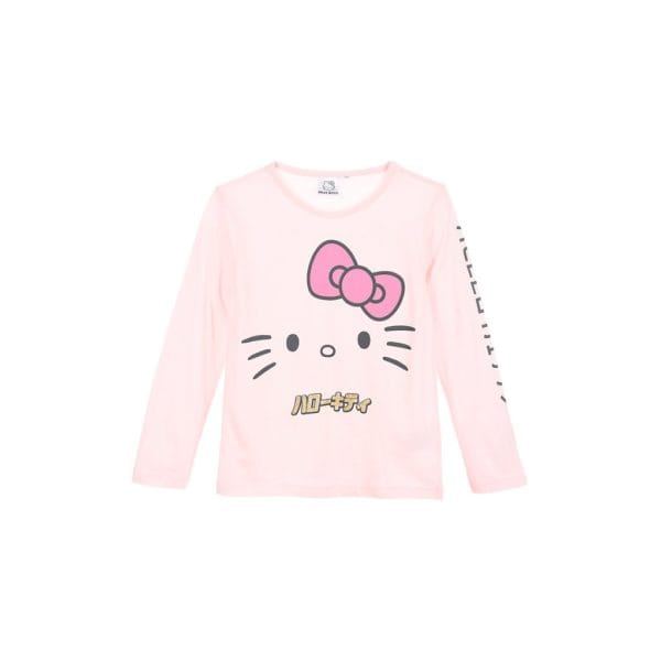 Camiseta rosa de Hello Kitty con lazo y texto en japonés para niñas.