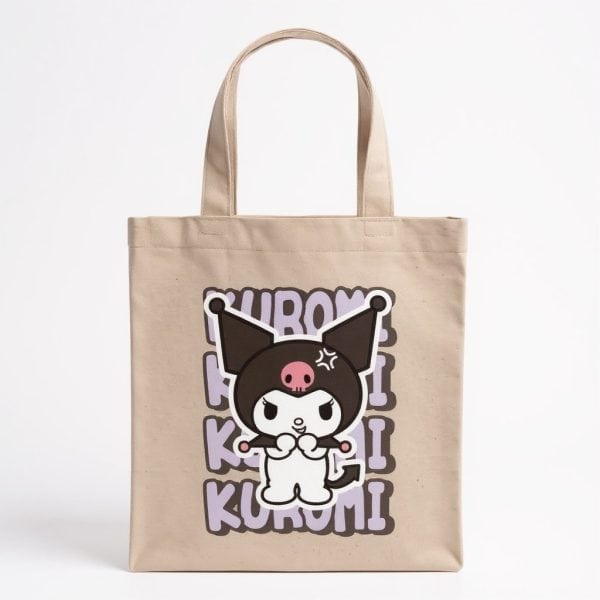 Bolsa de tela con diseño de un personaje de Kawaii con orejas de gato y expresión divertida.