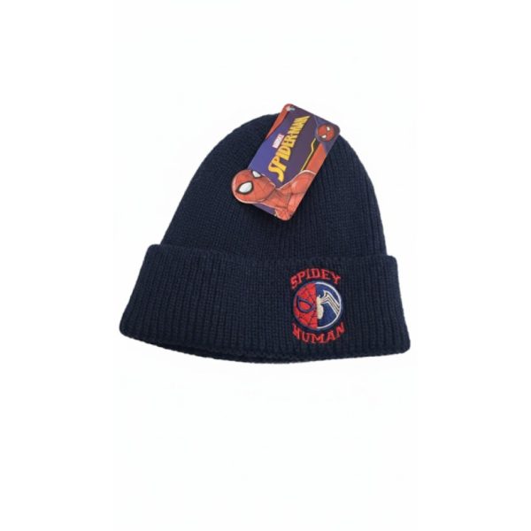 Gorro de lana azul con logo de Spider-Man y etiqueta de Spiderman.
