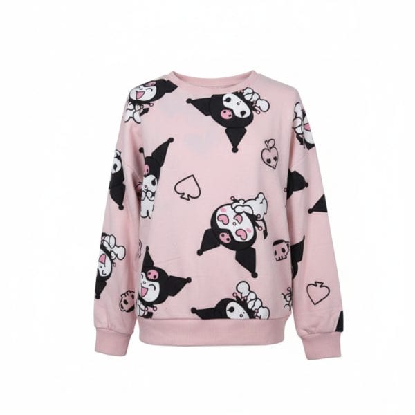 Sudadera rosa con dibujos de gatos y corazones en estilo divertido y juvenil.