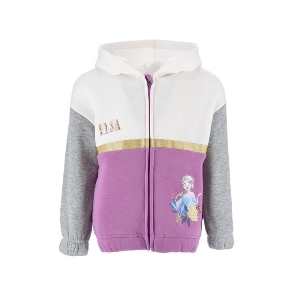Chaqueta infantil con diseño de princesa y colores rosa, gris y blanco.