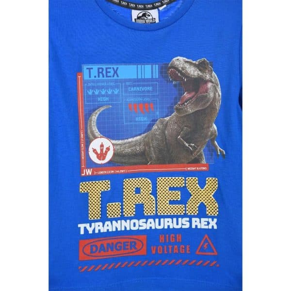 Camiseta azul con diseño de T. Rex y advertencias de peligro y alta tensión.