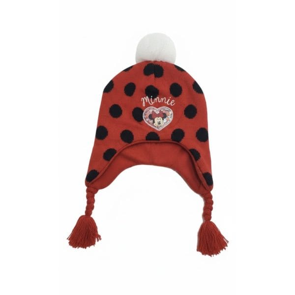Gorro infantil de Minnie Mouse con puntos negros y pompón blanco en la parte superior.