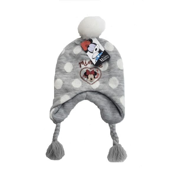 Gorro de bebé con Minnie Mouse y pompon, ideal para invierno, en tonos grises y blancos.