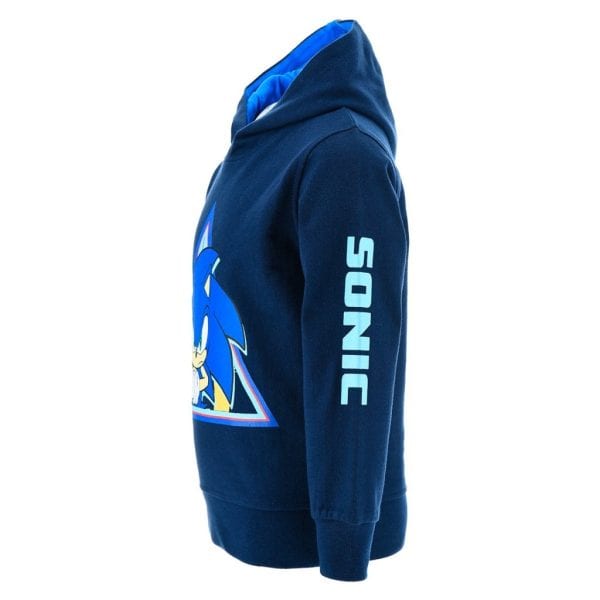 Sudadera azul con logo de Sonic en la parte frontal y en la manga.