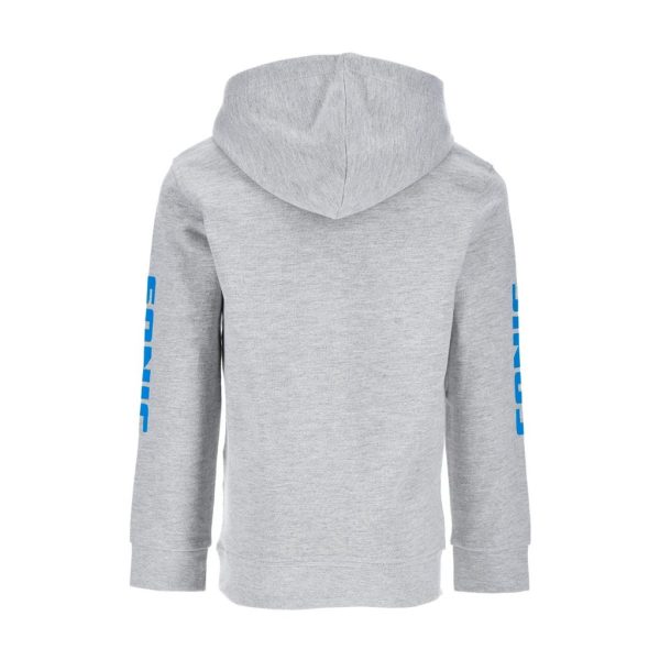 Sudadera gris con capucha y detalles en azul en las mangas.
