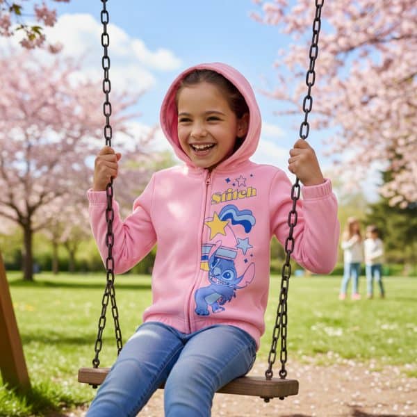 Niña sonriendo en columpio en parque con cerezos en flor.
